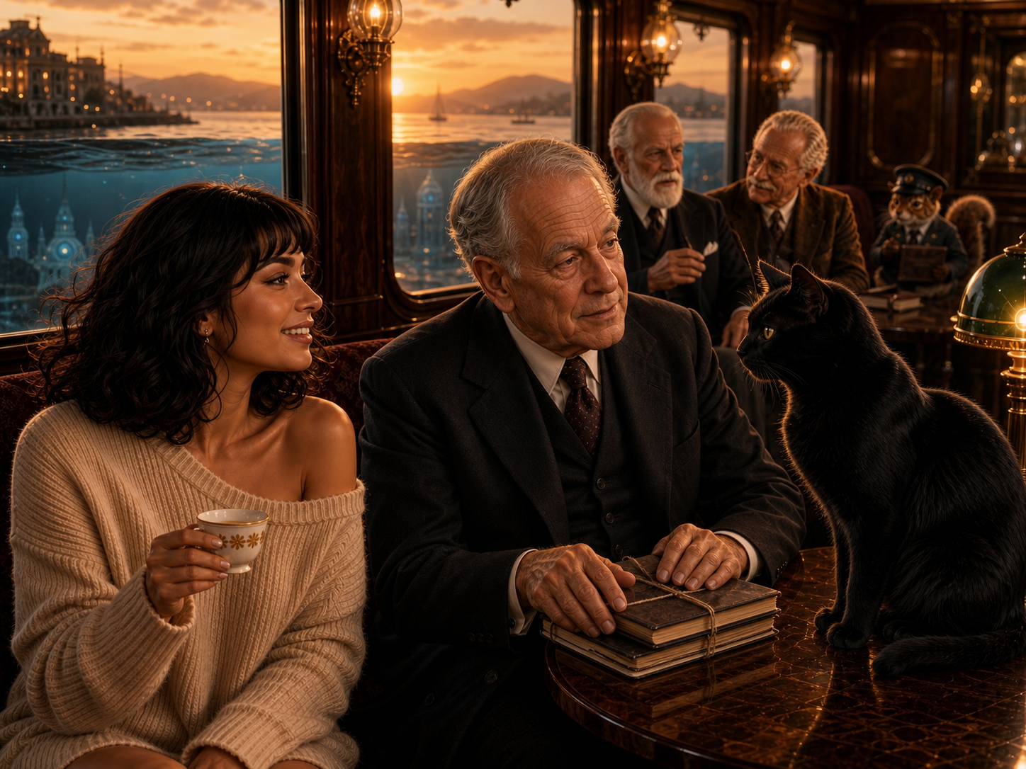 Bob consults Joseph Campbell aboard the Train to Elsewhere while Missy, Freud, Jung, and the Conductor look on