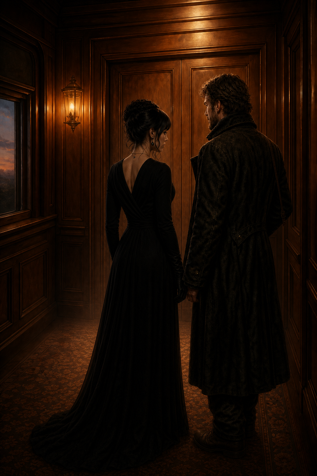 Lady Marmalade and Gurgeh pause before the unmarked door of the Literary Territory cabin.