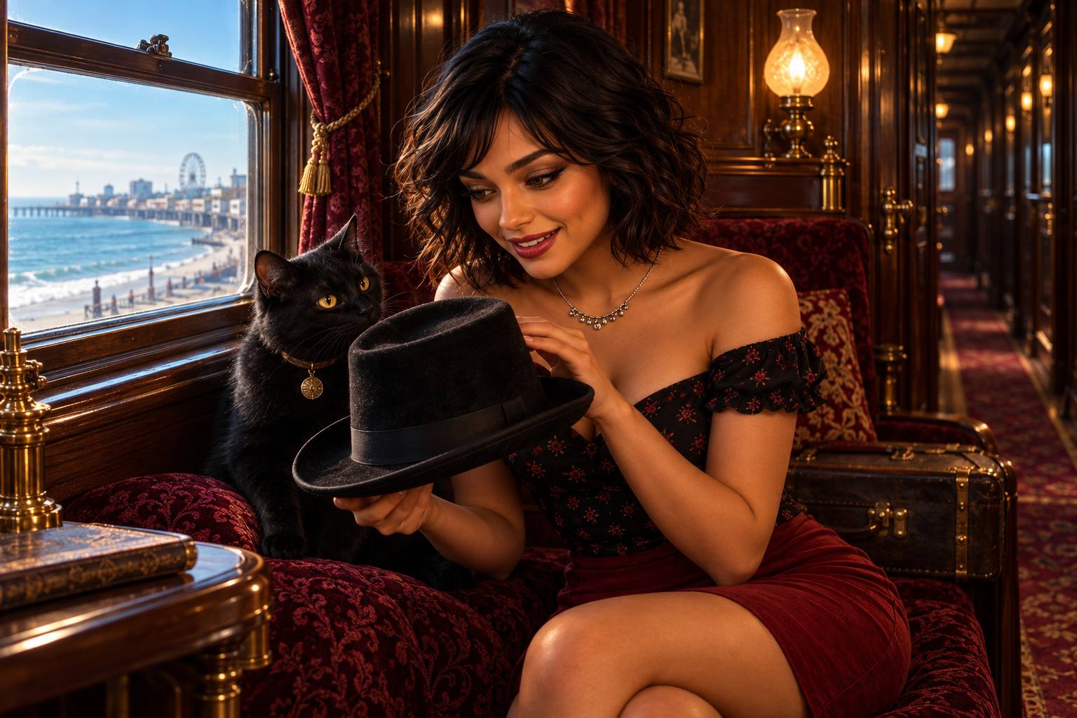 Missy holds the Black Top Hat while Bob watches beside her aboard the Train to Elsewhere.