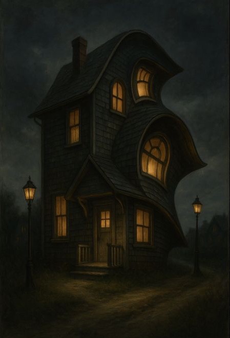 A crooked house with warmly lit windows beneath a dark sky