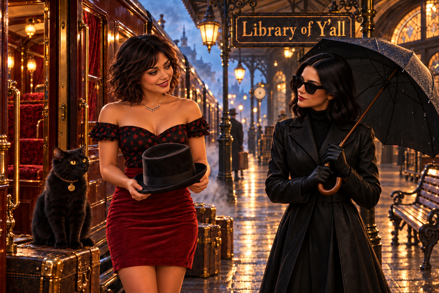 Missy and Bob meet the Head Librarian beneath her black umbrella at Library of Y’all station.