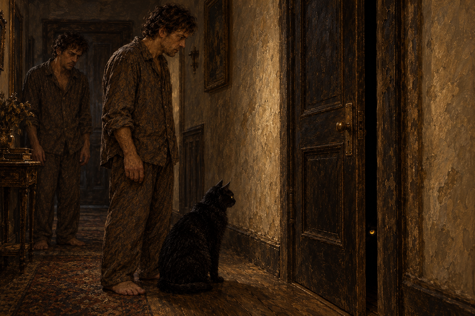 Two identical men and a black cat face a partly open door, with a golden feline eye watching from the darkness.