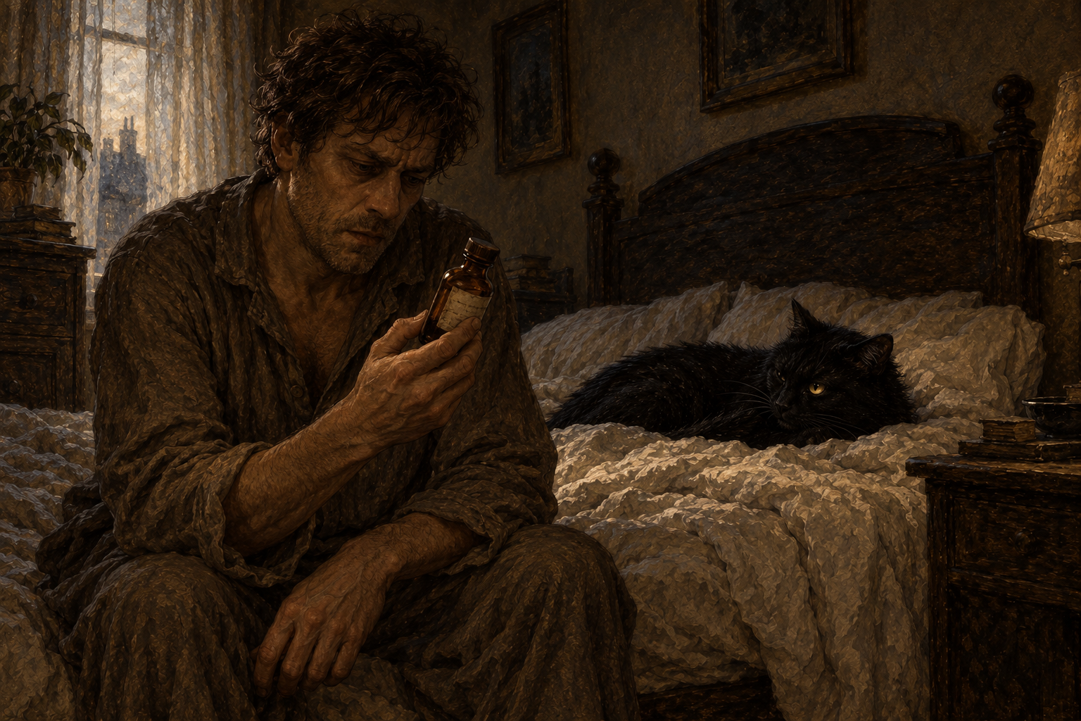 A worried man examines an amber medicine bottle while a black cat watches from the rumpled bed.
