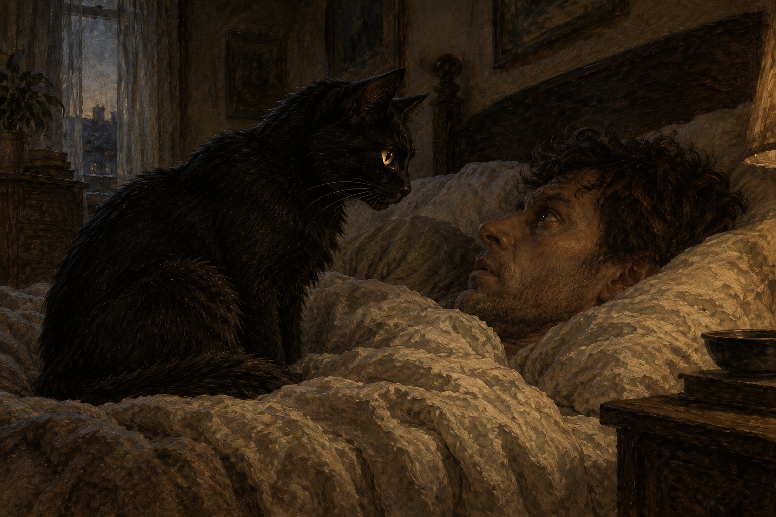 A black cat with golden eyes watches a waking man from inches away on his pillow.