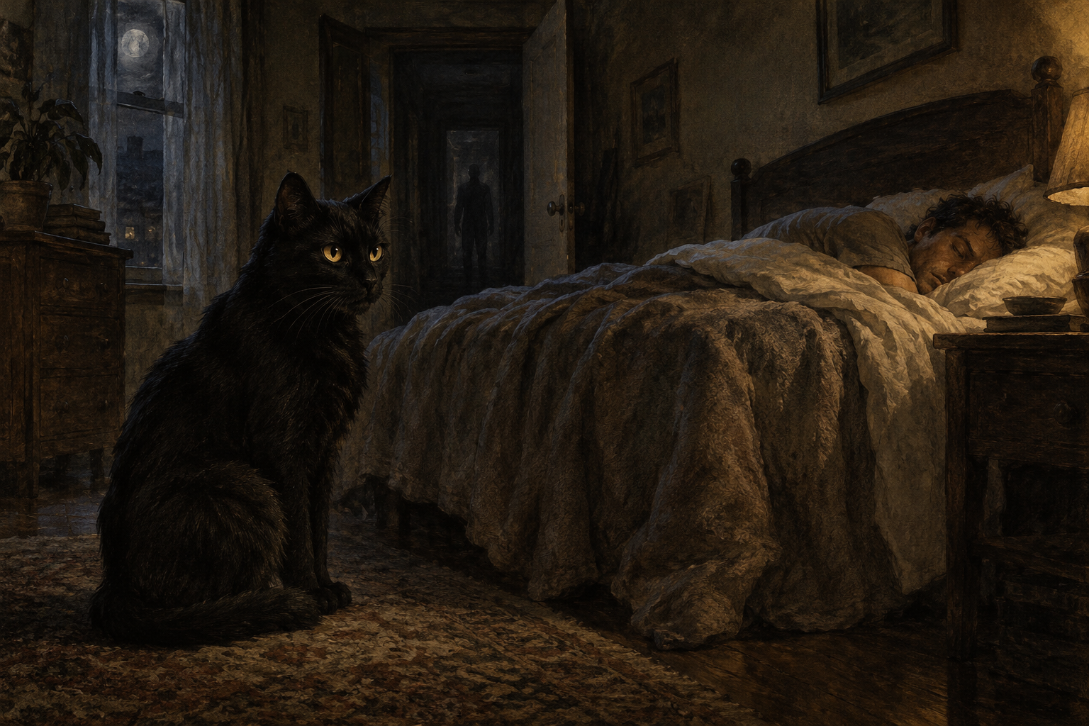 A black cat with golden eyes sits beside a sleeping man while a shadowy figure stands in the bedroom doorway.